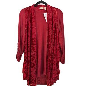 LOGO Lavish Red Floral Velvet Burnout Long Sleeve Top Medium NWT Lori Goldstein